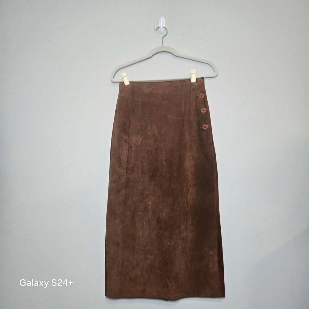 Vintage Brown Suede Midi Pencil Skirt with Side Button Detail